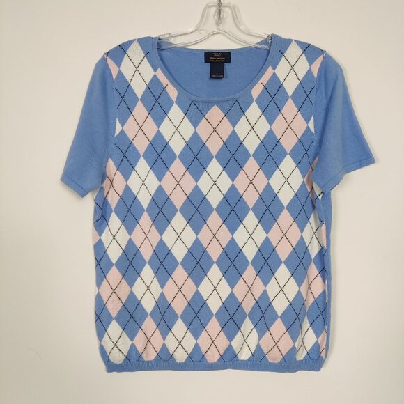 346 Brooks Brothers Supima Cotton Women's Sweater Size L Blue Argyle Tennis Prep - Picture 1 of 6